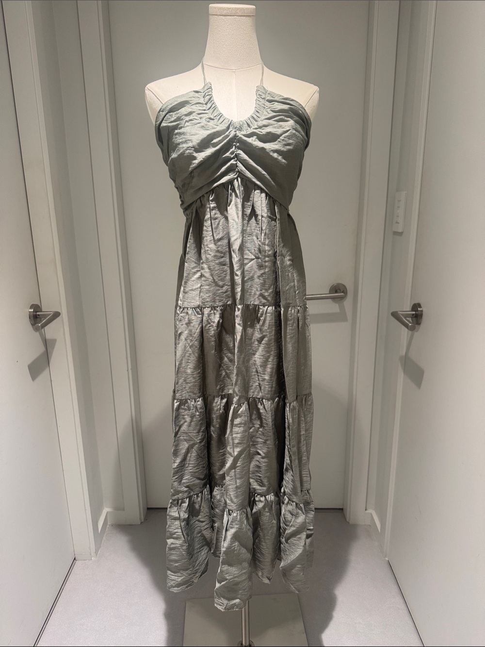 Ruched Halter Tiered Maxi Dress in Sage